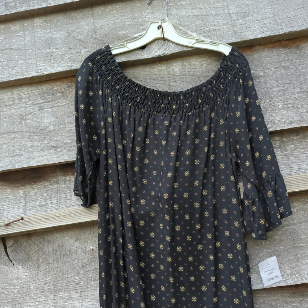 RYAN MICHELLE BLACK LONG FLORAL RUFFLE DRESS SHORT SLEEVE ELASTIC NECK LARGE NWT - Picture 4 of 8